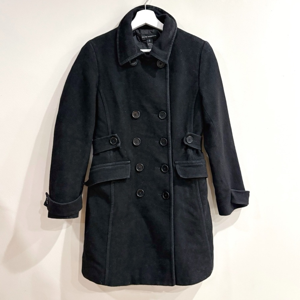 Club Monaco Women Peacoat XS Black Wool Blend Double Breasted Minimalist Chic - Picture 2 of 11
